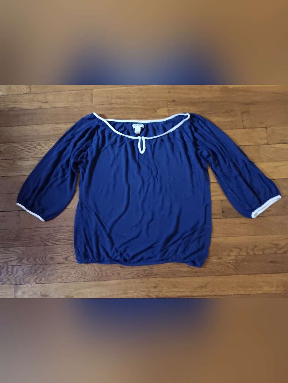 Navy Blue Scoop-Neck 3/4 Sleeve Women's Top with White Trim